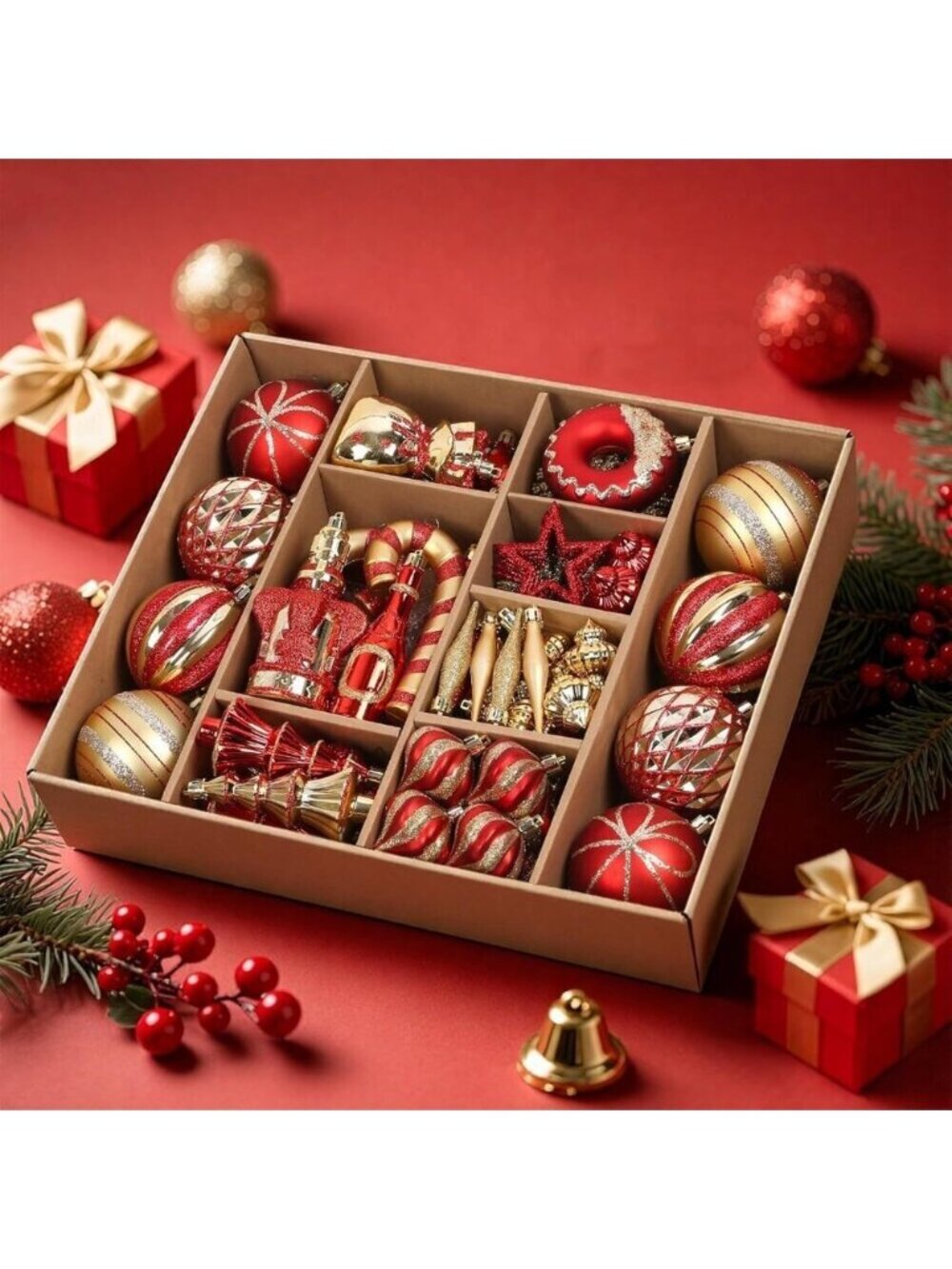 70pcs Shatterproof Christmas Ball Ornaments Set for Tree in Black Red Gold Color